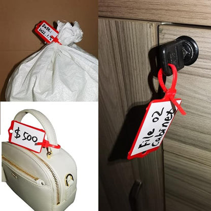100pcs Reusable Blank Plastic Tags Ties Key Tags 1.45"*2.48" Serrated Tension Sealing Strap with Large Label Plastic Tie Mark Label Waterproof Hang Sign Write on Tag (Red, 100pcs)