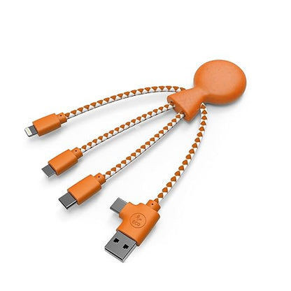 Multi USB Cable 4 in 1 - Universal Charger Made from Recycled Plastic - USB, USB-C, Lighting, Micro USB Ports - Compatible with All Smartphones Mr Bio Blue Octopus (Orange)