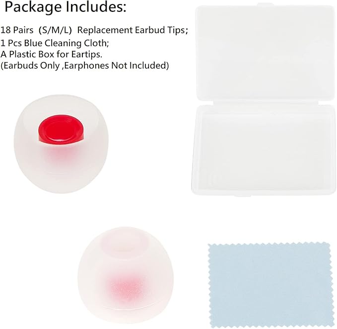 Silicone Earbud Tips - Soft & Comfortable Earphone Cushions, 18 Pairs (S/M/L) - White & Red, Fits 3.8mm-5.5mm Inner Hole, Compatible with Most in-Ear Headphones