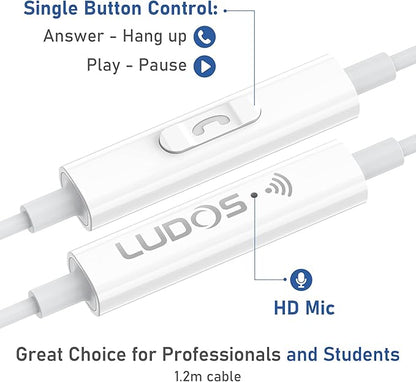 LUDOS OMNITONE Wired Earbuds in-Ear Headphones, 5 Years Warranty, Earphones with Microphone, 3.5 mm Jack Corded Ear Buds, Videoconference for iPhone, Samsung, Laptop, Kids, School Students - White
