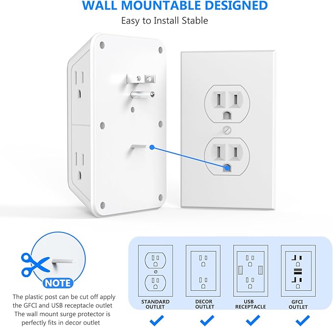 3 Pack Surge Protector Outlet Extender, 6 Outlet Splitter with 4 USB Ports (2 USB C), Multi Plug Wall Outlet 1050J Power Strip, USB Wall Charger for Home Office Kitchen Travel-ETL