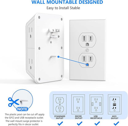 3 Pack Surge Protector Outlet Extender, 6 Outlet Splitter with 4 USB Ports (2 USB C), Multi Plug Wall Outlet 1050J Power Strip, USB Wall Charger for Home Office Kitchen Travel-ETL