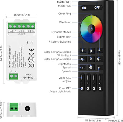 BTF-LIGHTING 5050SMD FCOB COB RGBW RF Remote RC03RFB & C04RF Tuya Controller Kit 4 Zones RF 2.4GHz Wireless Remote Group Control PWM(+ R G B W) 5pin LED Strip DC5V DC12V DC24V