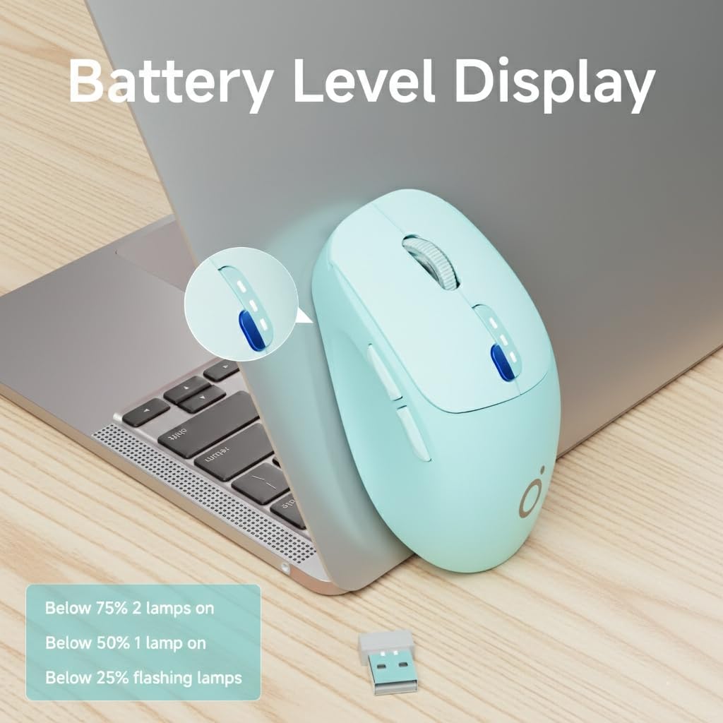SEUNKWANG Dual-Mode Wireless Mouse with Visible Battery Indicator, Silent Rechargeable Bluetooth & 2.4G Computer Mouse, 1600 DPI, One-Click Desktop Privacy Key, Portable Mice for Laptop/PC/Mac - Blue