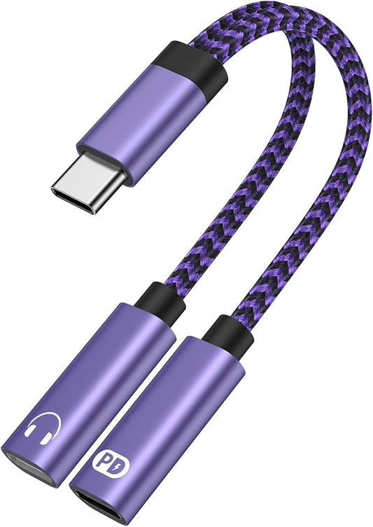 USB Type C Splitter 2 in 1 USB C Headphone and Charger Adapter Audio Dongle Cable with PD 60W Fast Charging for Samsung Galaxy A17 A16 A15 A56 S25 S24 S23 S22 S21 iPhone 17 16 15 Pro Max Pixel 10 9 8