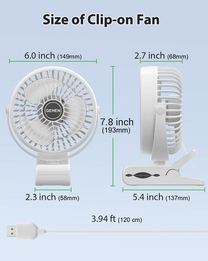 GEHEN Small Clip on Fan, 3-Speed Fan with Strong Airflow, USB-Powered Clip & Desk Fan with Sturdy Clamp, Ultra Quiet for Office Dorm Bedroom Stroller