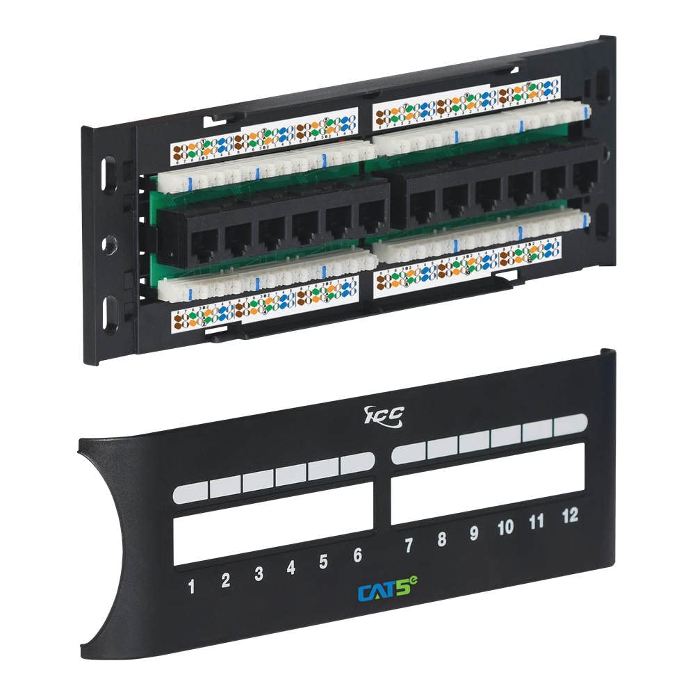 ICC CAT6 RJ45 Patch Panel, 12-Port Wall Mount Rear IDC, Black, 1-Pack