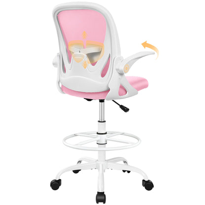 Drafting Chair Tall Office Chair with Flip-up Armrests, Adjustable Height, and Enhanced Lumbar Support - Ergonomic Rolling Stool, Back Support, and Adjustable Foot Rest Ring Light Blue