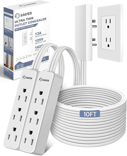 Saker Outlet Cover Extension Cord | 10ft Flat Extension Cord with 3 Outlets,1625W | Universal Size Outlet Concealer | Outlet Cover Baby Proofing for Kitchen, Home and Office(Dual 10ft)