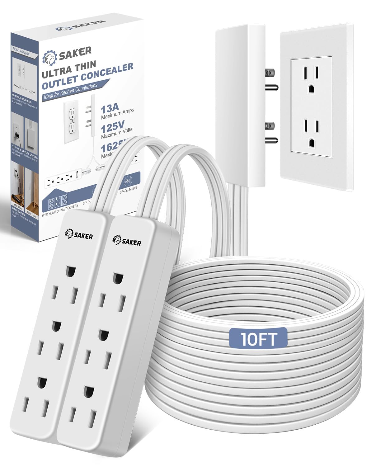 Saker Outlet Cover Extension Cord | 10ft Flat Extension Cord with 3 Outlets,1625W | Universal Size Outlet Concealer | Outlet Cover Baby Proofing for Kitchen, Home and Office(Dual 10ft)
