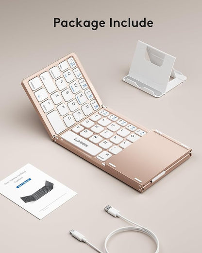 Samsers Foldable Bluetooth Keyboard with Touchpad - Portable Wireless Keyboard with Holder, Rechargeable Full Size Ultra Slim Pocket Folding Keyboards for Android Windows iOS Tablet & Laptop - Pink