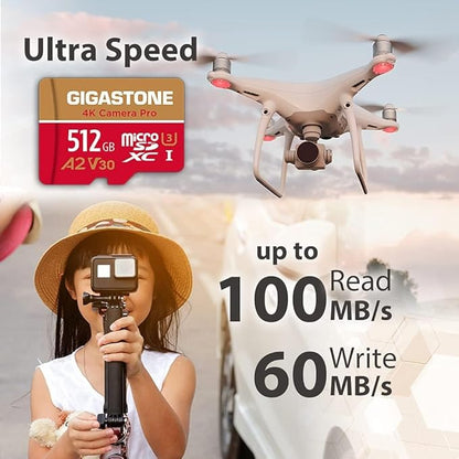[5-Yrs Free Data Recovery] GIGASTONE 512GB Micro SD Card 4-Pack, 4K Camera Pro, A2 V30 Compatible with Gopro, Dash Cam, DJI, Drone, Security Camera, Speed Up to 100MB/s, UHS-I U3 C10, with Adapter