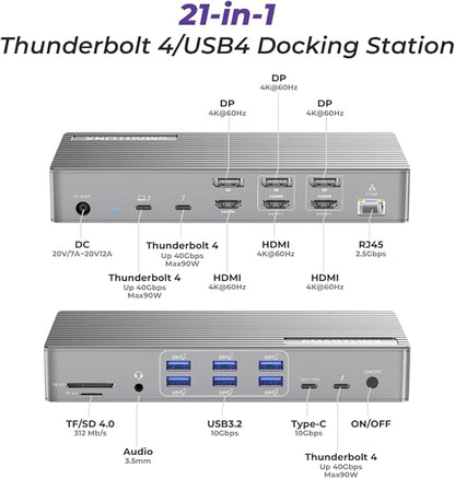 Thunderbolt 4 Dock with DisplayLink - USB-C/A MacBook Docking Station, Chrome, Windows 10/11 Compatible - 21 Ports, Dual/Triple/Quad/5 Monitor Support - 40Gbps, 150W Charging, 8K/4K Display