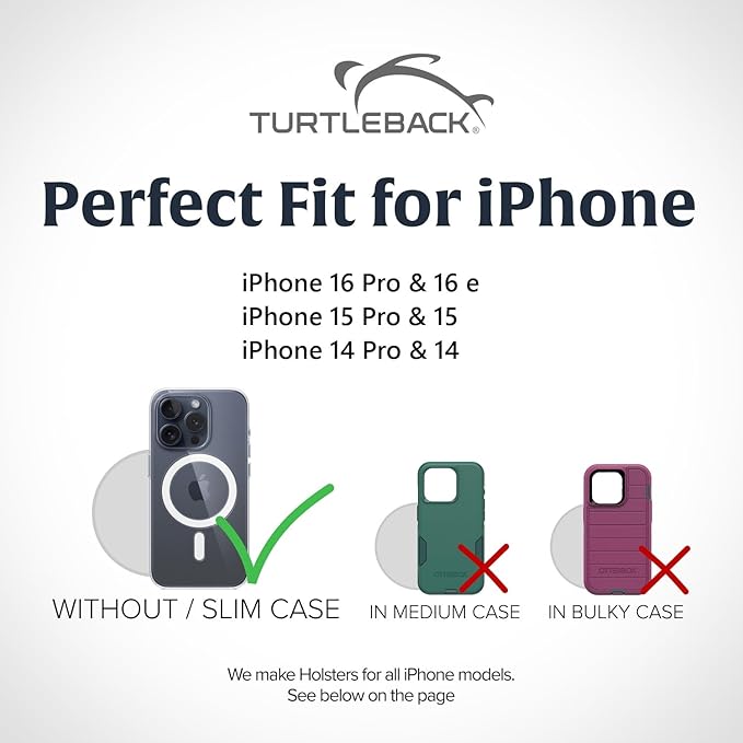 Turtleback Belt Holder for iPhone 16 Pro, 16e, 15 pro 14 Pro 13 Pro -Small- Fits w/Slim MagSafe Style Cases, Premium Black Leather Horiz. Belt Holster, Magnetic Closure, Leather Wrapped Belt Clip