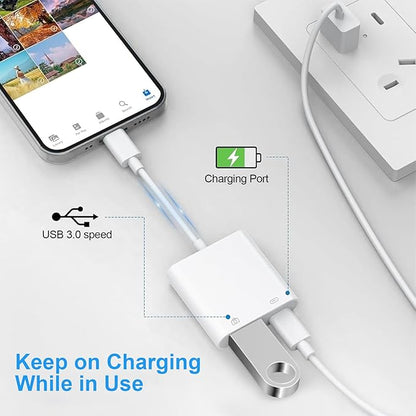 Lightning to USB Camera Adapter for iPhone, [Apple MFi Certified] USB3.0 Female Adapter for iPad with Charging Port, Plug and Play OTG Converter Support Card Reader USB Flash Drives Keyboard