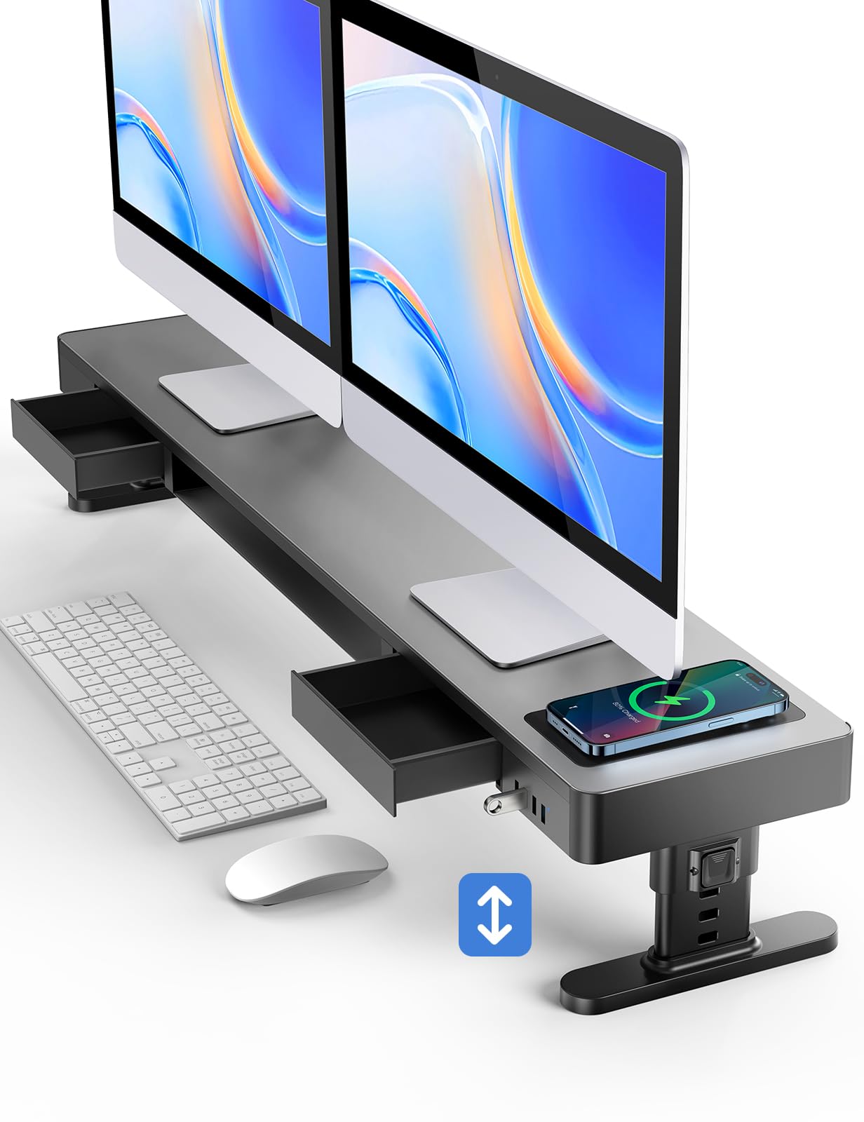 meatanty Dual Monitor Stand with 4 Adjustable Heights, Auto Phone Charging Pad, 4 USB Ports, Computer Riser with Drawers Storage, Metal Double Desk Organizer Lifter Raiser for 2 Monitors Screen Gift