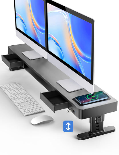 meatanty Dual Monitor Stand with 4 Adjustable Heights, Auto Phone Charging Pad, 4 USB Ports, Computer Riser with Drawers Storage, Metal Double Desk Organizer Lifter Raiser for 2 Monitors Screen Gift