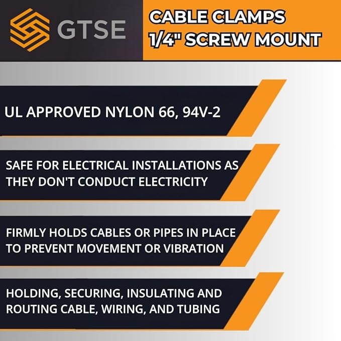GTSE Black Nylon Plastic Cable Clamps, 1/4" Screw Mounts for Cable, Rope, Tube Management, 100 Pack