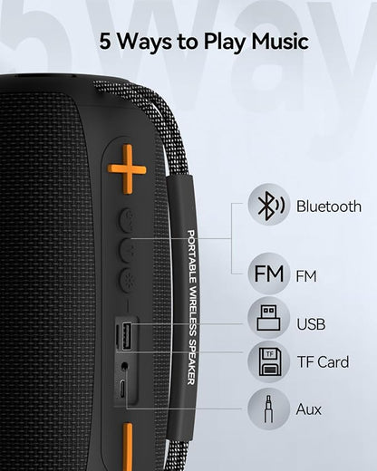 Portable Bluetooth Speaker with Light, Loud Sound and Deep Bass, IPX6 Waterproof, Up to 18H Playtime, TWS Pairing, Support Bluetooth/AUX/USB/TF Card for Home, Party, Outdoor and Travel (Black)