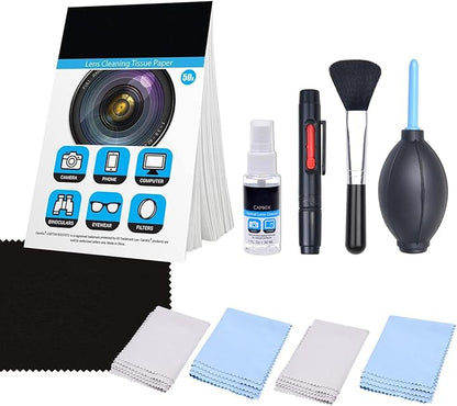 Camkix Camera Lens Cleaning Kit - Air Blower, 2in1 Lens Cleaning Pen, Cleaning Brush, Spray Bottle w/Cleaning Solution, Lens Cleaning Paper Tissue (50 Sheets), Microfiber Cleaning Cloths- for Lenses