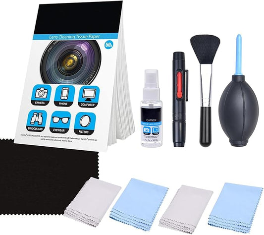 Camkix Camera Lens Cleaning Kit - Air Blower, 2in1 Lens Cleaning Pen, Cleaning Brush, Spray Bottle w/Cleaning Solution, Lens Cleaning Paper Tissue (50 Sheets), Microfiber Cleaning Cloths- for Lenses