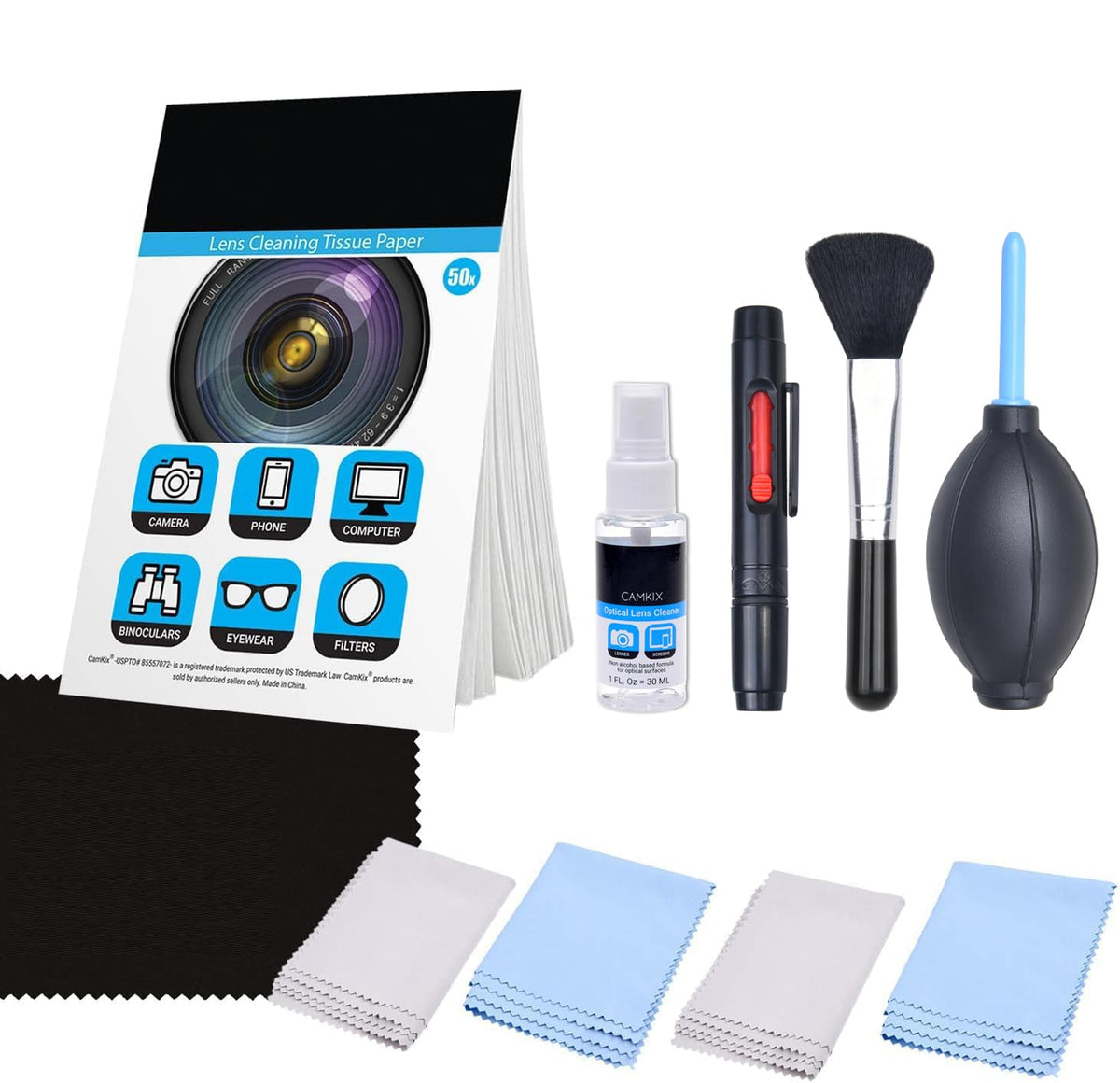 Camkix 14-in-1 Camera Lens Cleaning Kit - Includes Advanced Large Silicone Air Blower, 2in1 Lens Cleaning Pen, Dry Swabs, Cleaning Paper, 30 ML Optical Lens Spray for Mirrorless Cameras, APS-C, DSLR