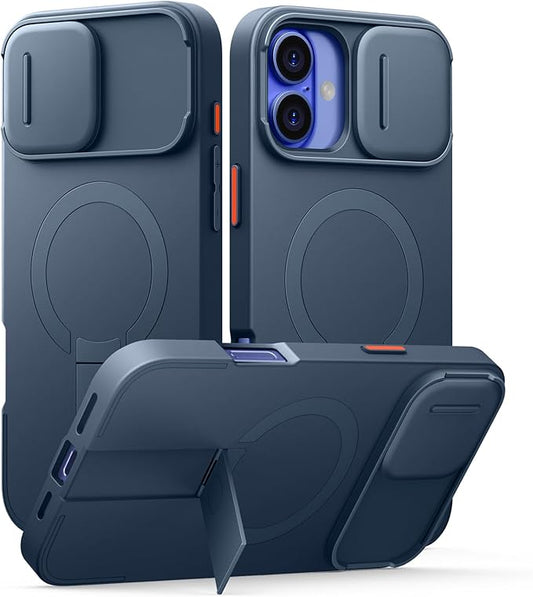 SURITCH for iPhone 16 Plus Case with Magnetic Camera Slide Cover and Adjustable Kickstand, Compatible with MagSafe, Shockproof Bumper Case Slim Protective Cover for iPhone 16 Plus 6.7 Inch, Blue