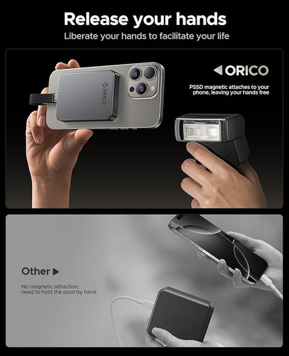 ORICO 512 GB Magnetic SSD, PD100W Charging, 4K ProRes HDR, 1000MB/s USB 3.2, Portable External Drive for iPhone 16/15, Laptops, Tablets - Aluminum Alloy, Drop Resistant - K10
