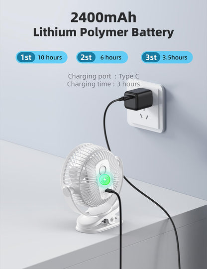 Svinkal usb Personal Clip on Fan 2400mAh Battery Operated 6in, Type C, 3 Speed, 720 adjustment, Small Portable Fan for Table, Bedroom, Desk, dormitory, Camping, Stroller, Golf Cart