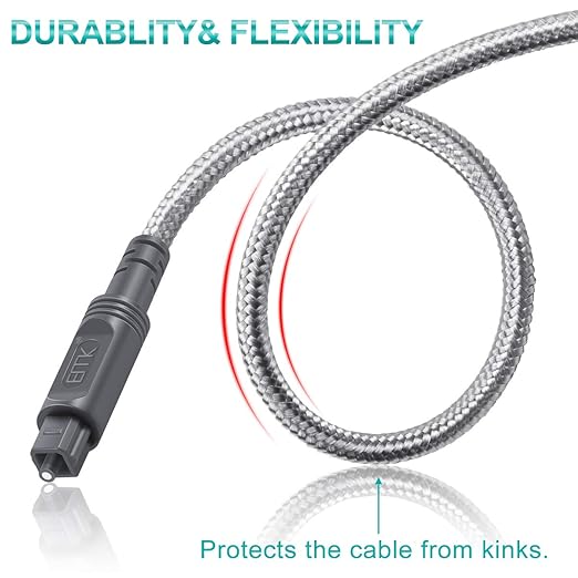 EMK Digital Optical Audio Cable Toslink Cable - [Cotton Braided Jacket,Durable and Flexible] Fiber Optic Cord for Home Theater, Sound bar, TV, PS4, Xbox & More (Grey-10Feet/3M)