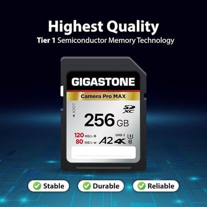 [5-Yrs Free Data Recovery] GIGASTONE 256GB 2-Pack SD Card, 4K Camera Pro MAX, A2 4K SDXC Memory Card High Speed 4K UHD Video Compatible with Canon Kodak Digital Camera, with 2 Mini case