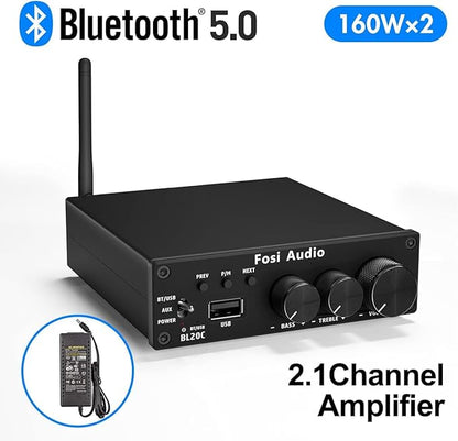 Fosi Audio BL20C Bluetooth 5.0 Stereo Audio Receiver Amplifier 320 Watts 2.1 CH Mini Hi-Fi Class D TDA7498E Integrated Amp U-Disk Player for Home Passive Speakers Powered Subwoofer(with Power Supply)