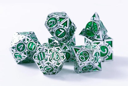 RULE DICE DND Metal Dice Set， D&D Dungeons and Dragons Dice, Cool Large Weighted 7 die Green Metal DND Dice Set, RPG MTG Role Playing Polyhedral Dice Set with D & D Gifts Box, D and D Dice Set