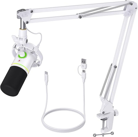 MAONO XLR/USB Dynamic Microphone Kit, RGB Podcast Mic with Software, Mute, Gain Knob, Volume Control, Boom Arm for Streaming, Gaming, Voice-Over, Recording-PD200XS White