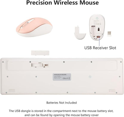 Wireless Keyboard and Mouse Combo, 2.4G Silent Cordless Keyboard Mouse Combo for Windows Chrome Laptop Computer PC Desktop, 106 Keys Full Size with Number Pad, 1600 DPI Optical Mouse (Pink)