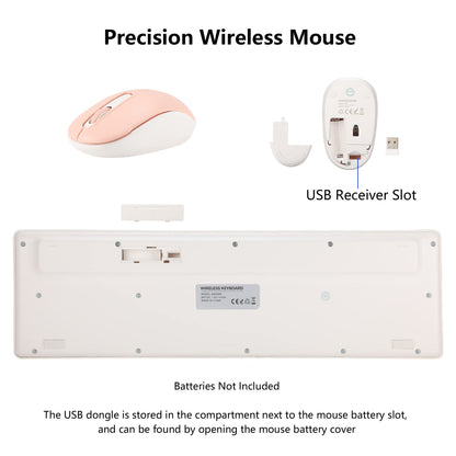 Wireless Keyboard and Mouse Combo, 2.4G Silent Cordless Keyboard Mouse Combo for Windows Chrome Laptop Computer PC Desktop, 106 Keys Full Size with Number Pad, 1600 DPI Optical Mouse (Pink)