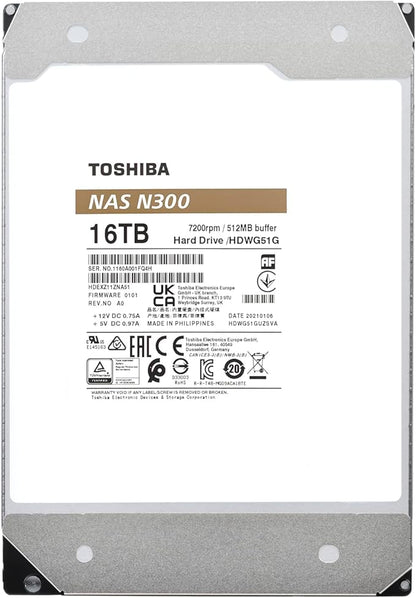 Toshiba N300 16TB NAS 3.5-Inch Internal Hard Drive - CMR SATA 6 GB/s 7200 RPM 512 MB Cache - HDWG51GXZSTA