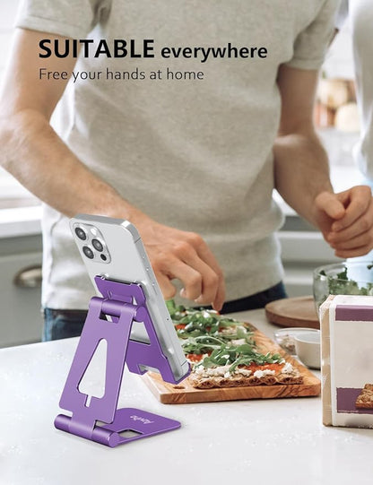 Cell Phone Stand for Desk, Adjustable Desktop Phone Holder Stand, Foldable Moblie Phone Dock for iPhone 15 14 13 12 11 Pro Xs Max Xr X 8 7 6 5 5s SE Nintendo Switch All Phones, Purple