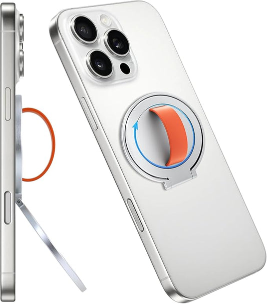 Gornergrat Magnetic Phone Grip Kickstand, [Durable Silicone Strap] 360° Rotatable Phone Loop Holder, Detachable Ring Stand Compatible with Magsafe iPhone 16 15 14 13 12 Pro/max, Silver