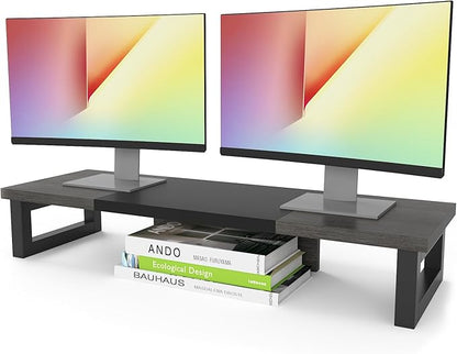 WESTREE Dual Monitor Stand Riser, Wood and Steel Monitor Stand Riser, Computer Monitor Stand for 2 Monitors, Multi-Purpose Desktop Storage Stand for Computer,Laptop,Printer,TV