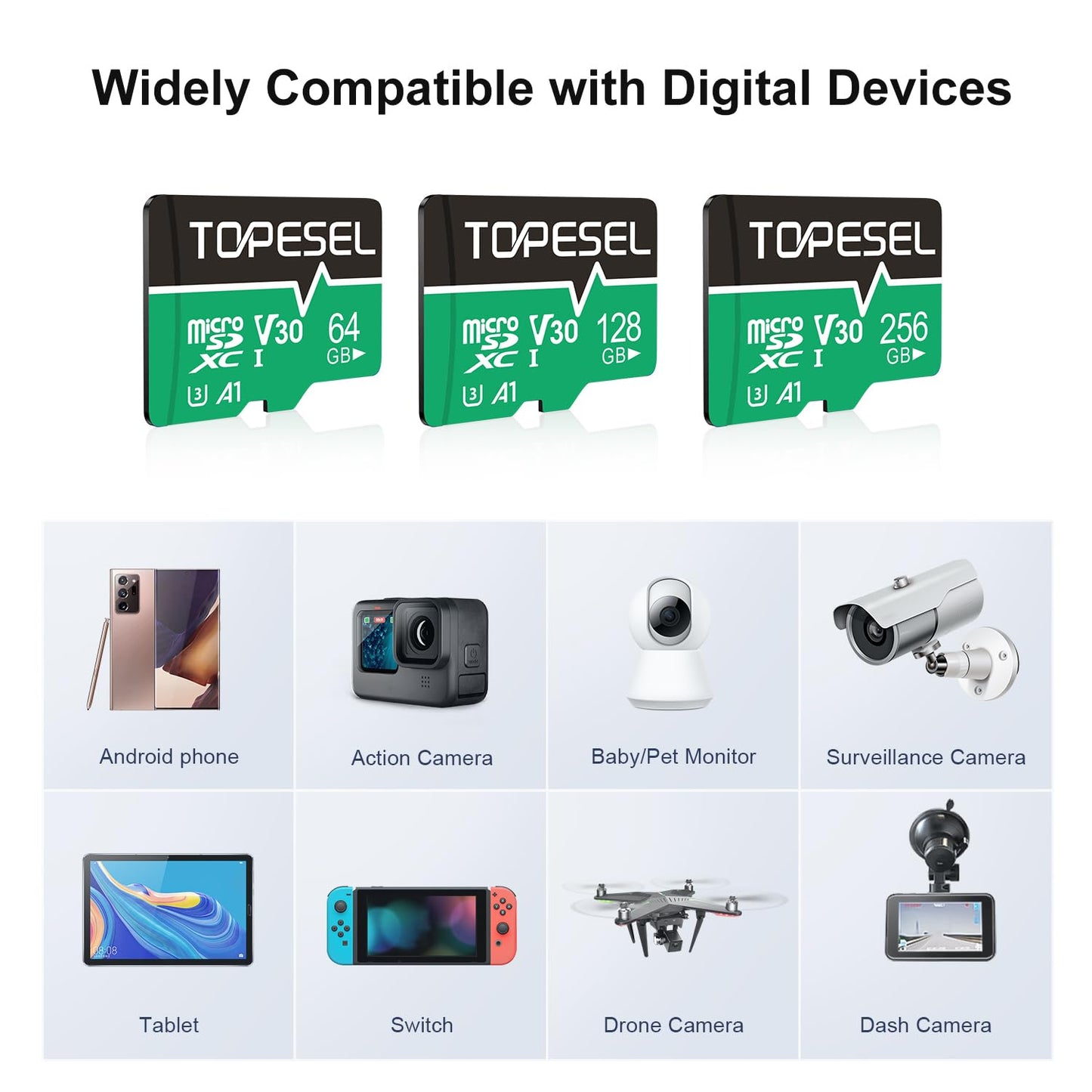 TOPESEL 128GB Micro SD Card 2 Pack with Adapter, High Speed TF Card, Memory Card microSDXC for Camera, Smartphone, Tablet, Dash Cam, Drone, UHS-I, U3, A1, 4K UHD, V30(128GB 2Pack)