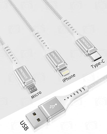 Multi Charging Cable 2Pack 4FT, 3 in 1 Charger Cable Braided Universal Phone Charging Cord with Lightning/Type C/Micro USB Ends, Multiple USB Cable for iPhone 16 15/Samsung/Google Cell Phones and More
