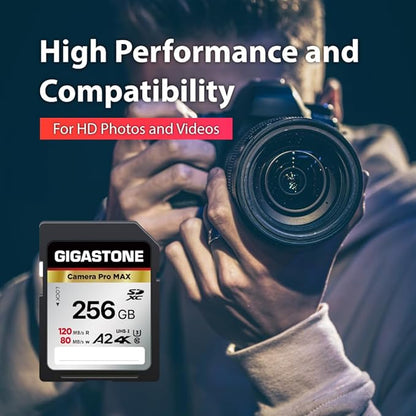 [5-Yrs Free Data Recovery] GIGASTONE 256GB SD Card, 4K Camera Pro MAX, A2 4K SDXC Memory Card High Speed 4K UHD Video Compatible with Canon Kodak Digital Camera, with 1 Mini case