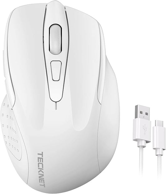 TECKNET Wireless Mouse Rechargeable, 2.4G USB-A Silent Mouse, Quiet Click, 6 Adjustable 4800 DPI, Cordless Computer Mice, Ergonomic Mice for Laptop, 6 Buttons for Chromebook, Ergo Grip - White