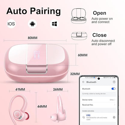 Wireless Earbuds Bluetooth 5.3 Headphones Sports, 48Hrs Playtime Bluetooth Earbuds with CVC 8.0 Mic, 2025 Stereo Bass Over Ear Bud with Earhooks, LED Display, IP7 Waterproof Earphon for Running Rose