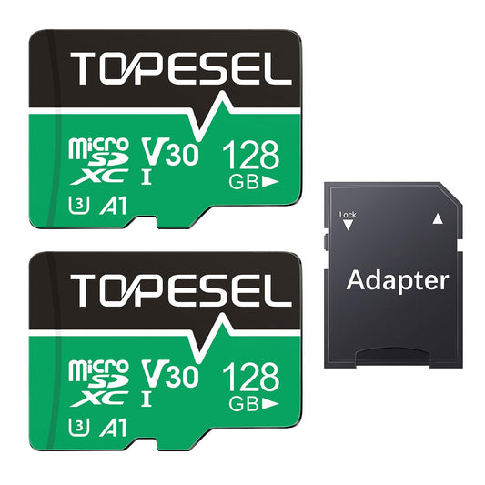 TOPESEL 128GB Micro SD Card 2 Pack with Adapter, High Speed TF Card, Memory Card microSDXC for Camera, Smartphone, Tablet, Dash Cam, Drone, UHS-I, U3, A1, 4K UHD, V30(128GB 2Pack)