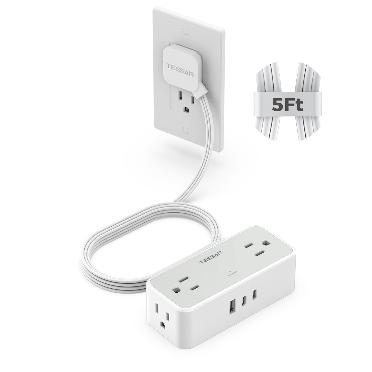 TESSAN Extension Cord 5 FT, Power Strip with 900J Surge Protection, Grey