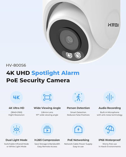 H.VIEW 4K/8.0 Megapixel PoE Outdoor Home Security Camera System Wired Outdoor Video Surveillance IP Cameras System，Ultra Wide-Angle &Audio，8CH NVR 4TB HDD