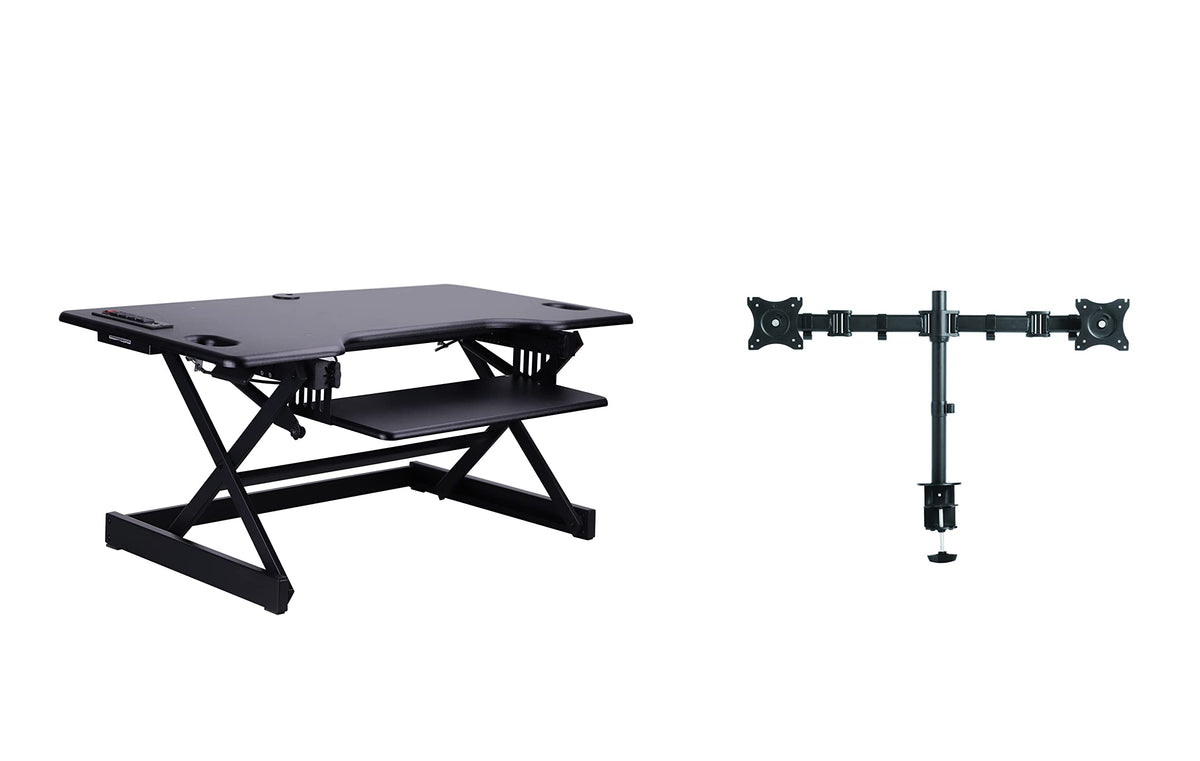 Rocelco 32" Height Adjustable Standing Desk Converter - Sit Stand Computer Workstation Riser - Dual Monitor Retractable Keyboard Tray Gas Spring Assist - Black (R EADRB2)