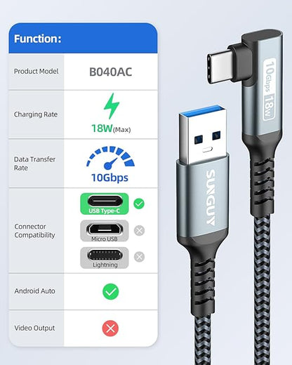 Carplay Cable 0.8FT, 10Gbps Right Angle USB A to C 3.1 Gen 2 High Speed Data Transfer Cable, Compatible Android Auto, USB C Car Charger Cable for 15/15 Pro Max, iPad Pro, Samsung S24